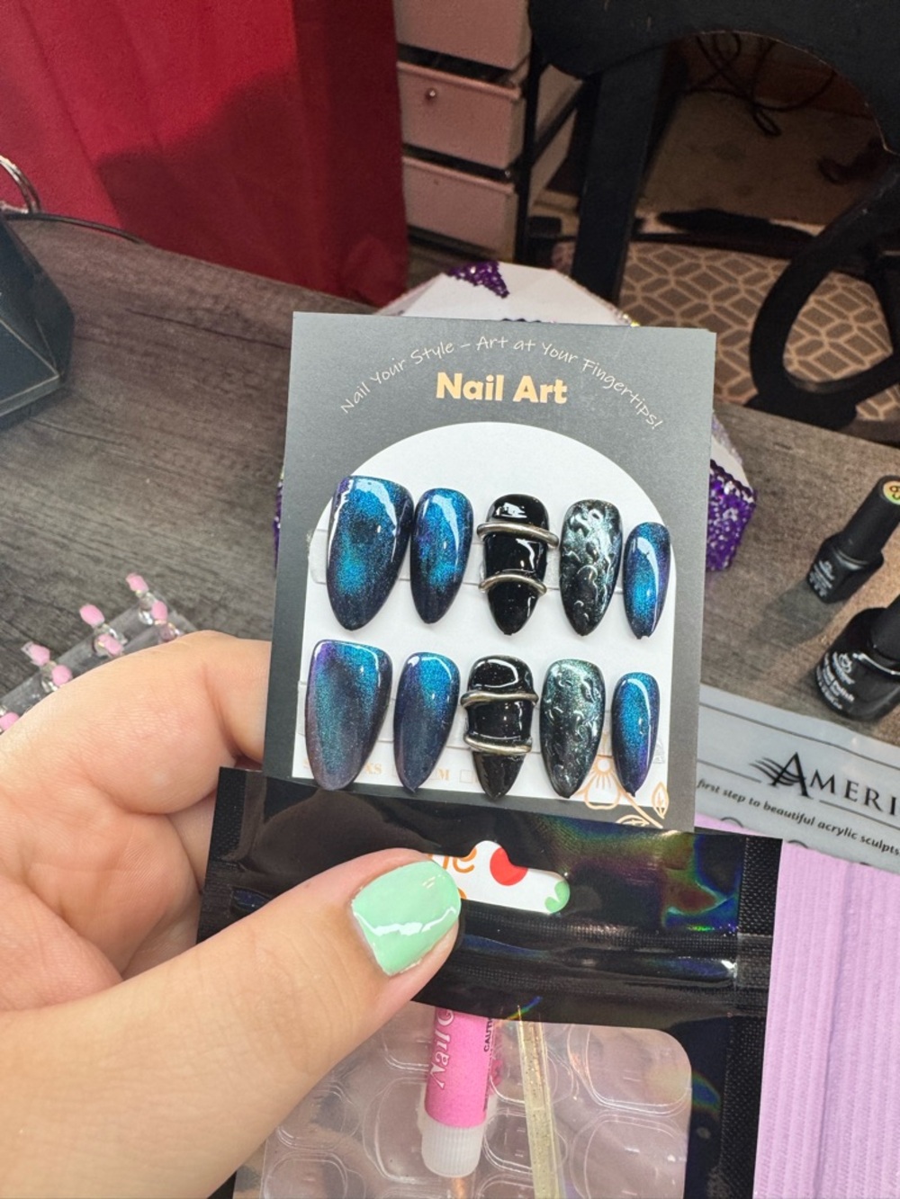 Blue Iridescent Press-On Nail Set with Black Accent